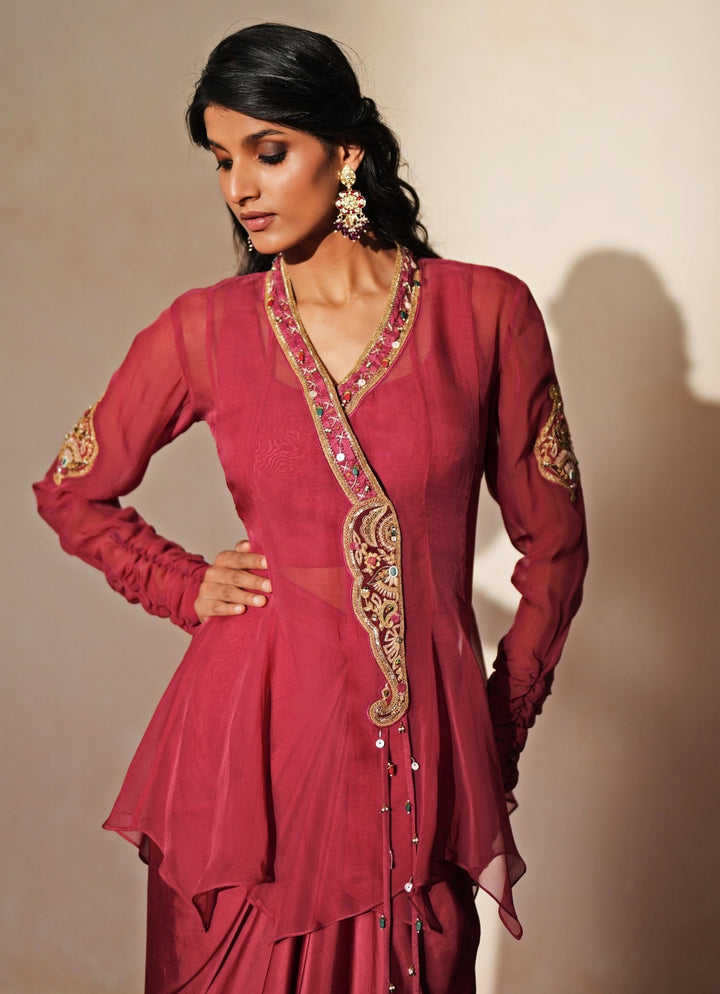 Lilac Pink Embroidered Satin Drape Skirt Set Isha Gupta Tayal - Fabilicious Fashion