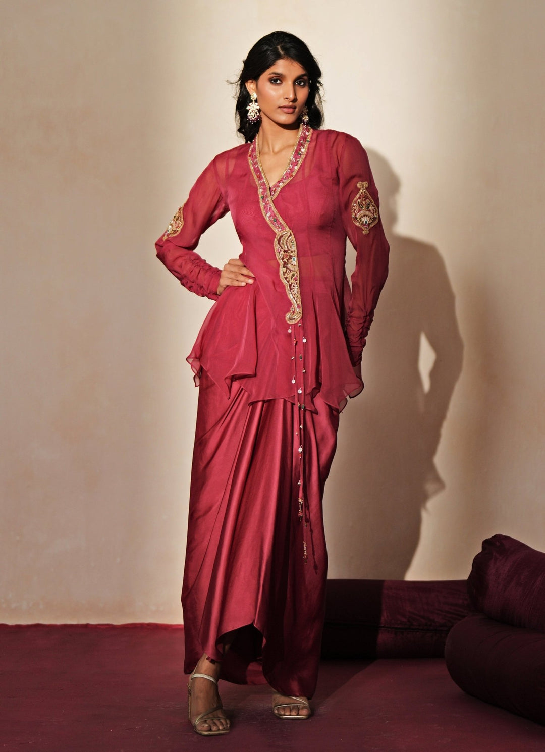 Lilac Pink Embroidered Satin Drape Skirt Set Isha Gupta Tayal - Fabilicious Fashion