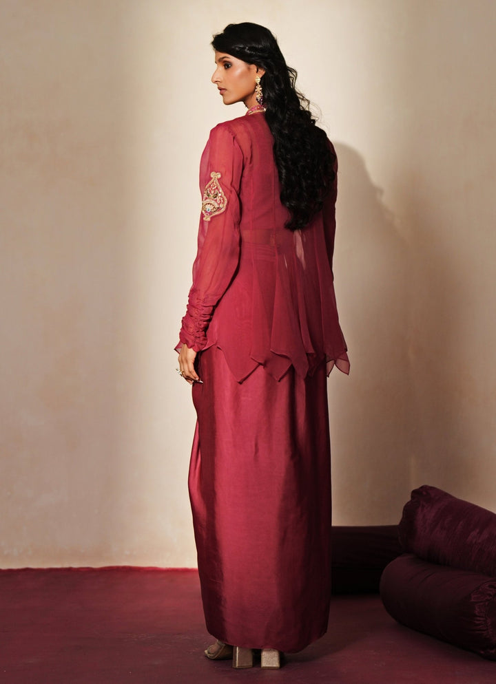 Lilac Pink Embroidered Satin Drape Skirt Set Isha Gupta Tayal - Fabilicious Fashion