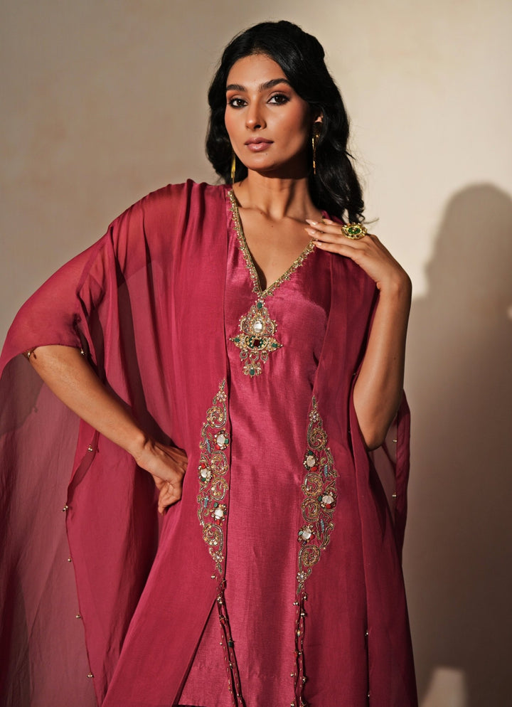 Lilac Pink Embroidered Silk Kurta Pants Set With Cape Isha Gupta Tayal - Fabilicious Fashion
