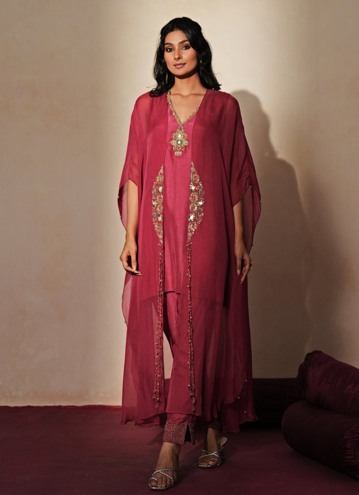 Lilac Pink Embroidered Silk Kurta Pants Set With Cape Isha Gupta Tayal - Fabilicious Fashion