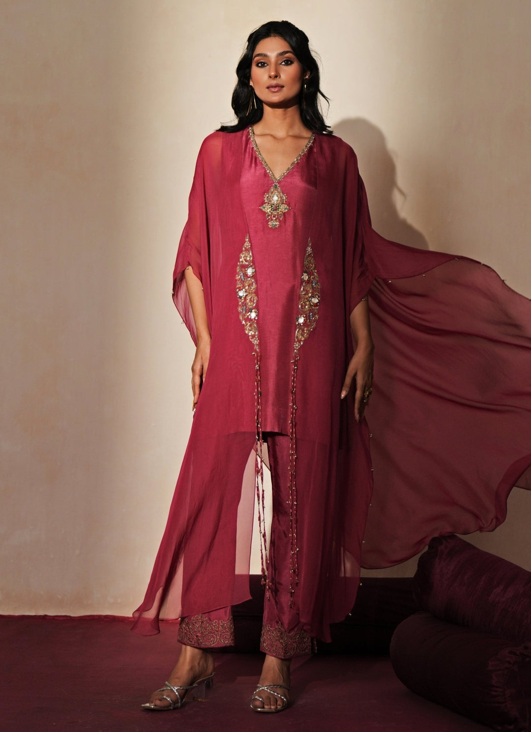 Lilac Pink Embroidered Silk Kurta Pants Set With Cape Isha Gupta Tayal - Fabilicious Fashion