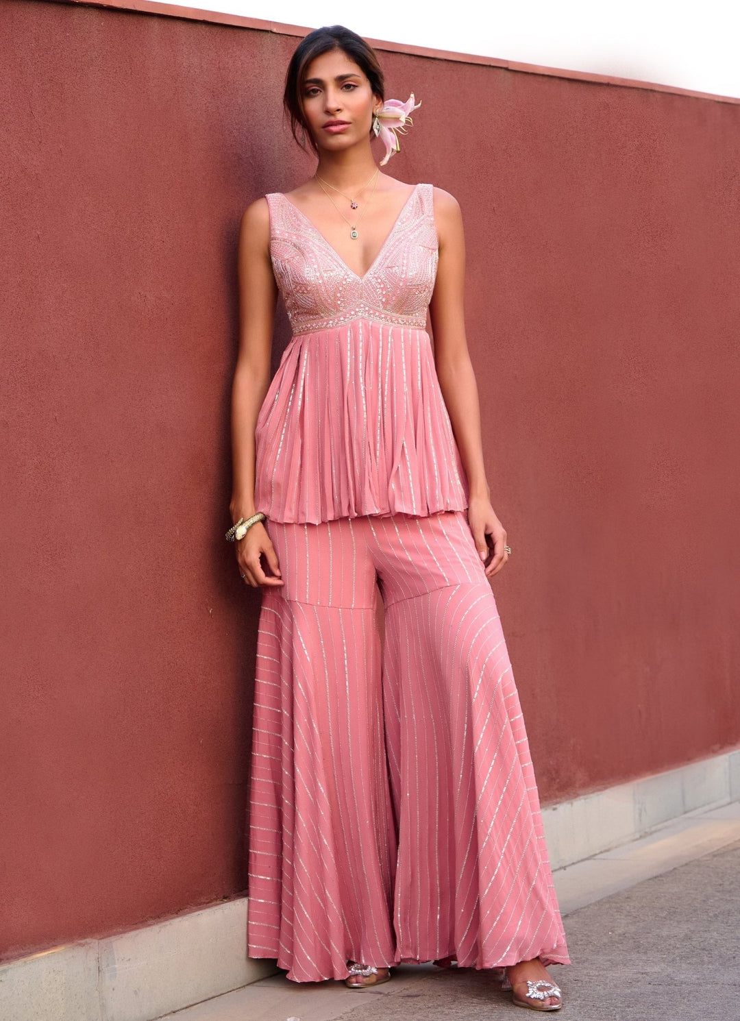 Lilac Pink Georgette Embellished Sharara set Chamee and Palak - Fabilicious Fashion