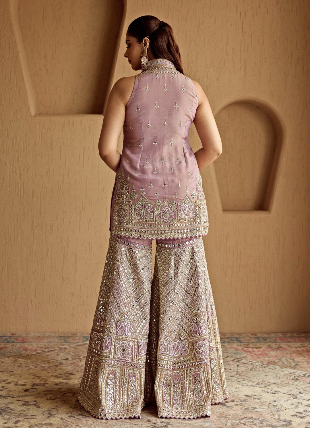 Lilac Pink Mirror Embroidered Tissue Kurta Garara Set Suhino - Fabilicious Fashion