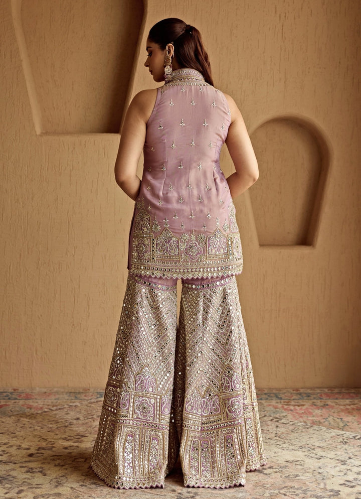Lilac Pink Mirror Embroidered Tissue Kurta Garara Set Suhino - Fabilicious Fashion