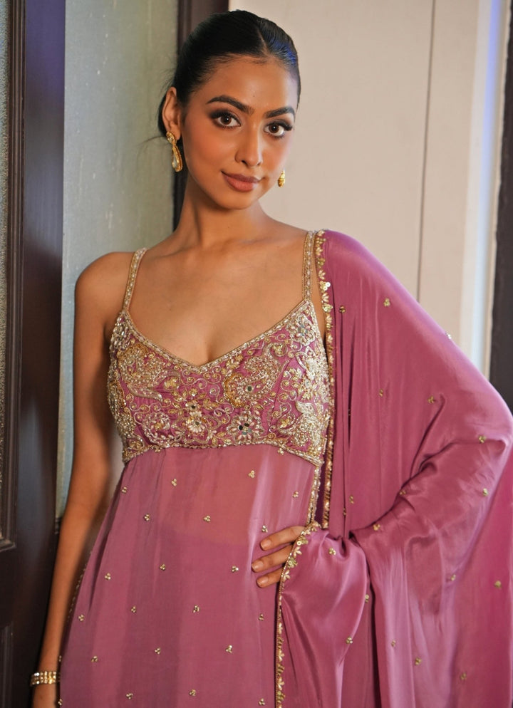 Lilac Pink Silk Tunic Set With Sharara Enamour by Radha - Fabilicious Fashion