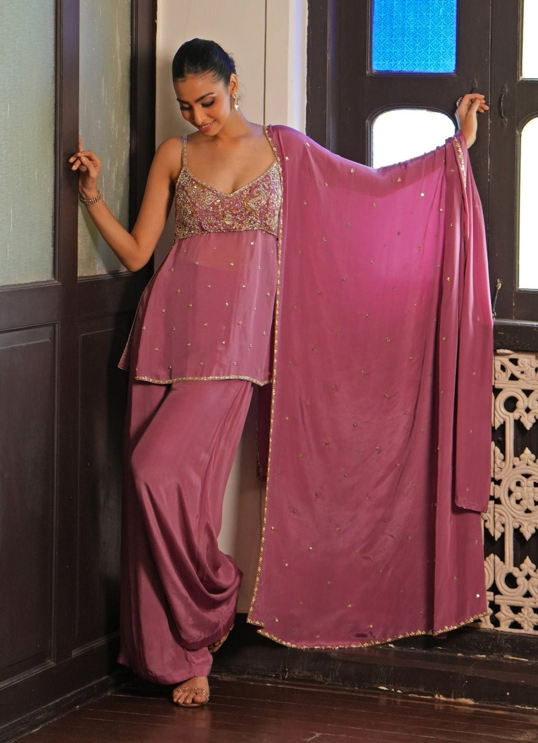 Lilac Pink Silk Tunic Set With Sharara Enamour by Radha - Fabilicious Fashion