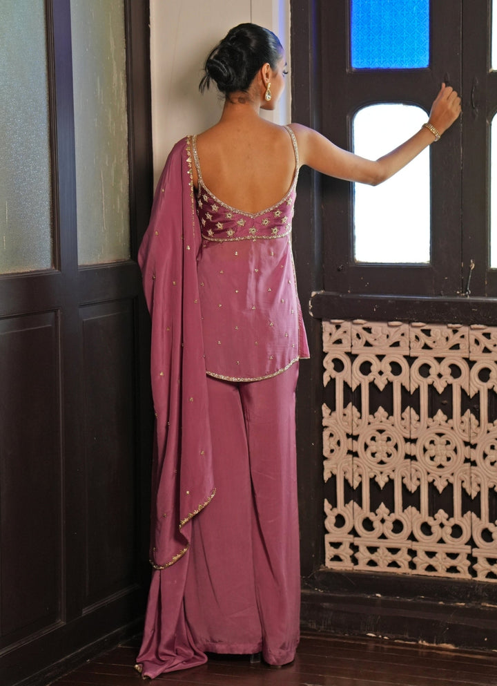 Lilac Pink Silk Tunic Set With Sharara Enamour by Radha - Fabilicious Fashion