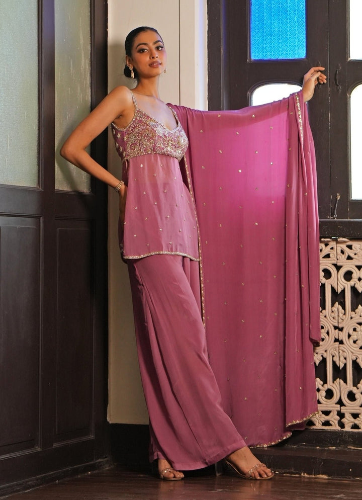 Lilac Pink Silk Tunic Set With Sharara Enamour by Radha - Fabilicious Fashion