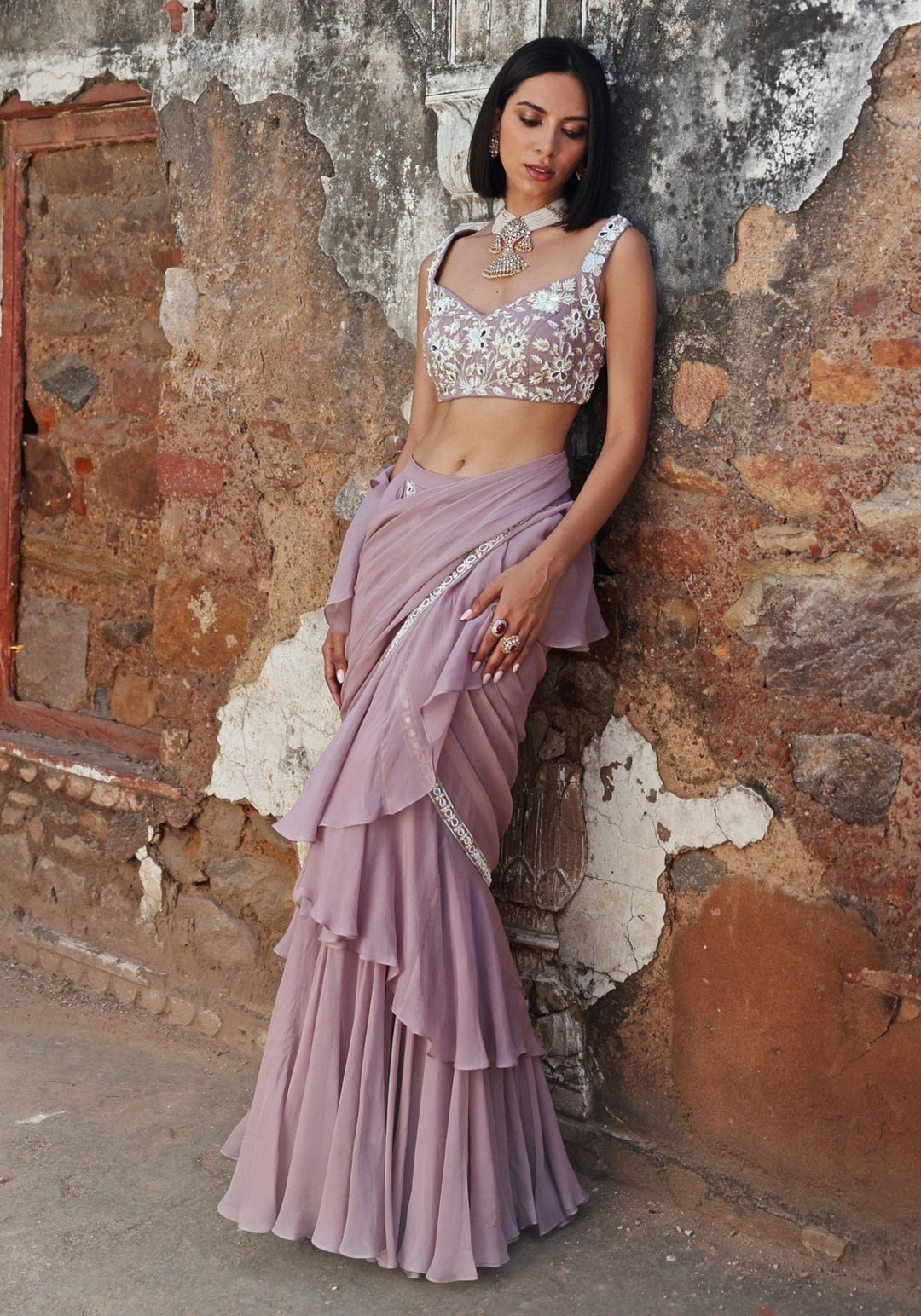 Lilac Pre Draped Ruffle Saree set Seema Thukral - Fabilicious Fashion