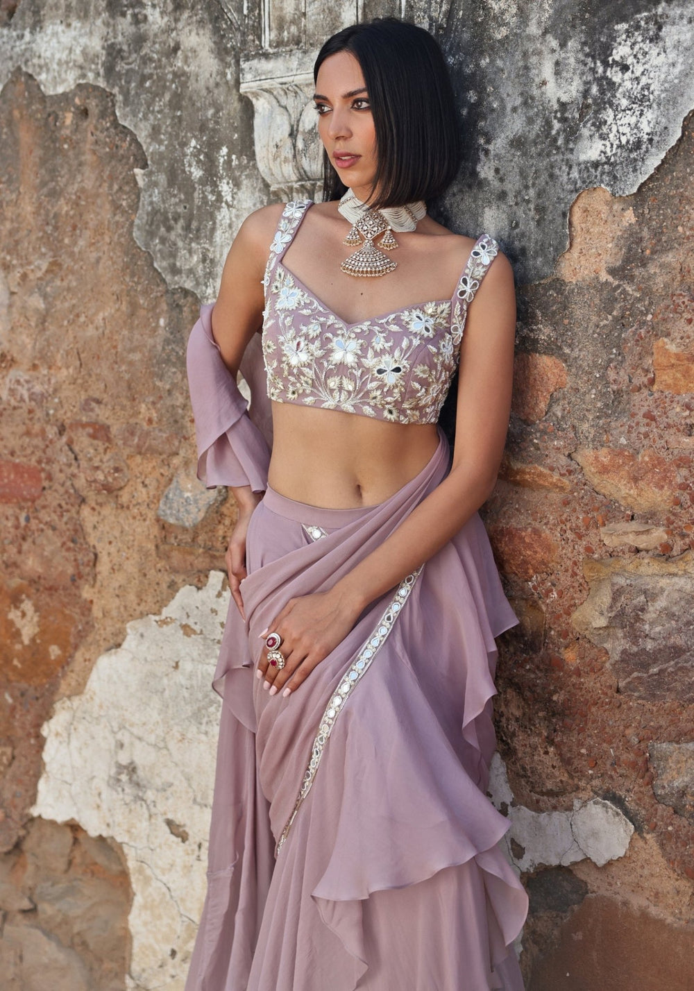 Lilac Pre Draped Ruffle Saree set Seema Thukral - Fabilicious Fashion