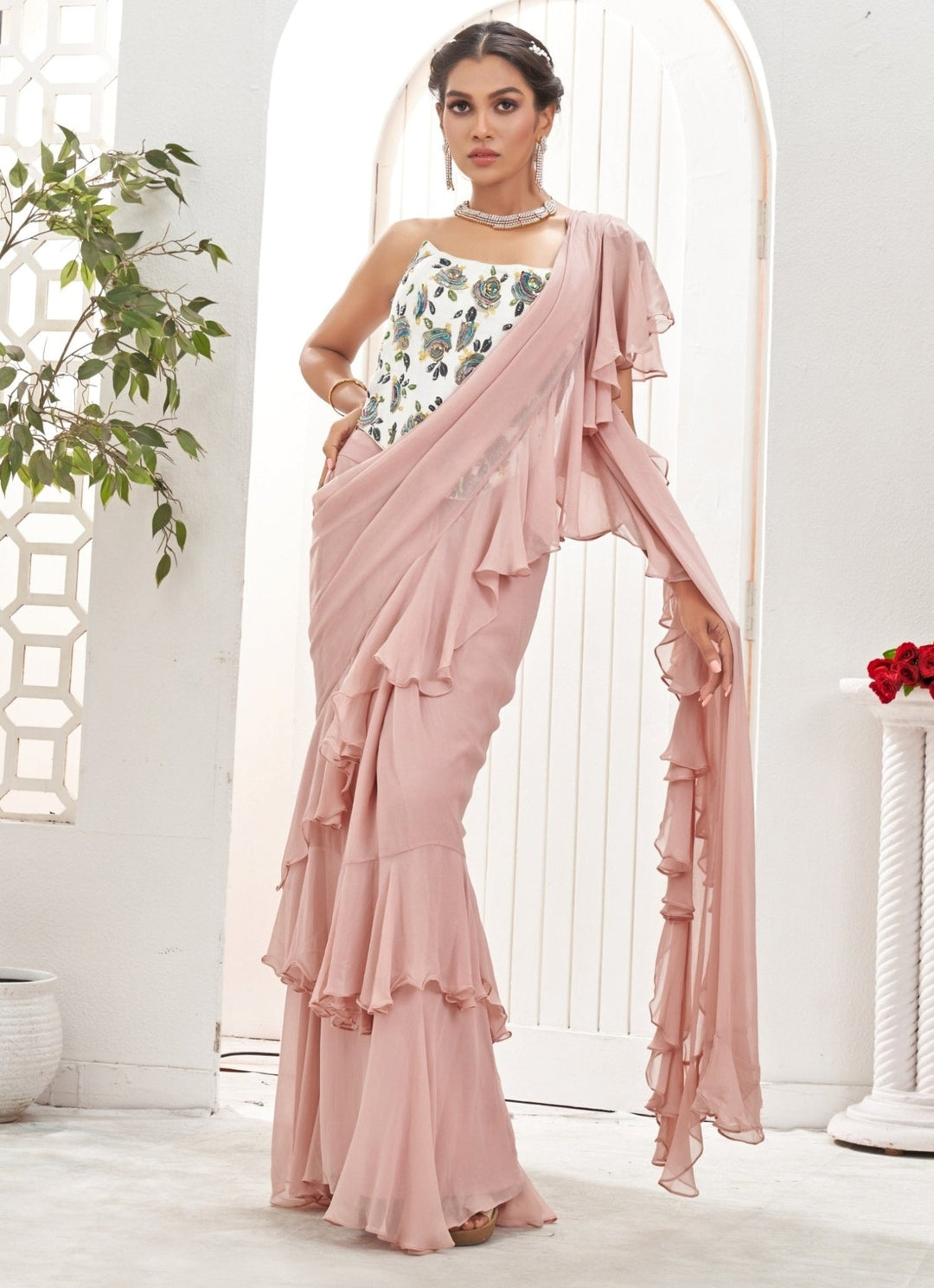 Lilac Predraped Ruffle Georgette Saree With Ivory Corset Priti Sahni - Fabilicious Fashion