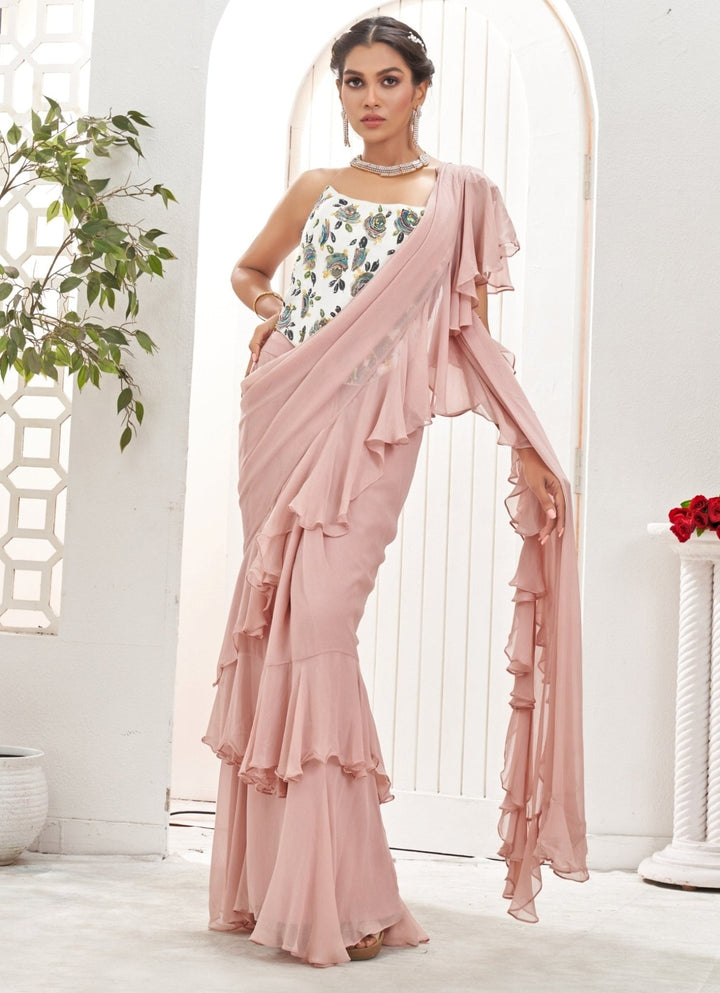 Lilac Predraped Ruffle Georgette Saree With Ivory Corset Priti Sahni - Fabilicious Fashion