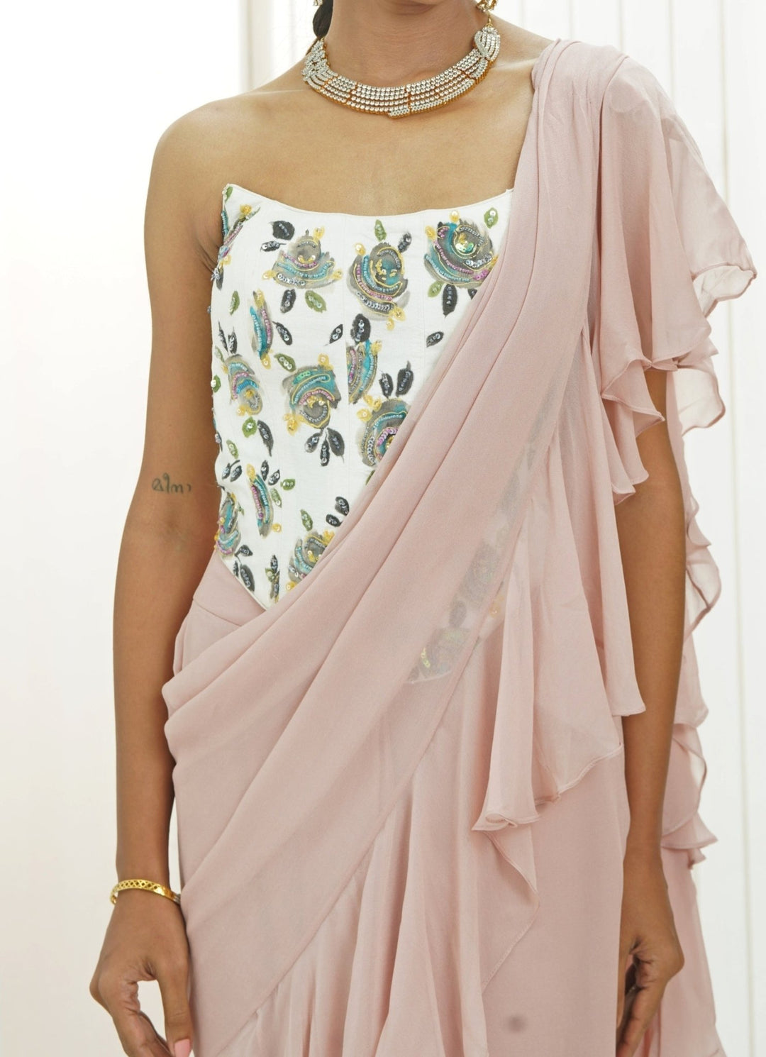 Lilac Predraped Ruffle Georgette Saree With Ivory Corset Priti Sahni - Fabilicious Fashion