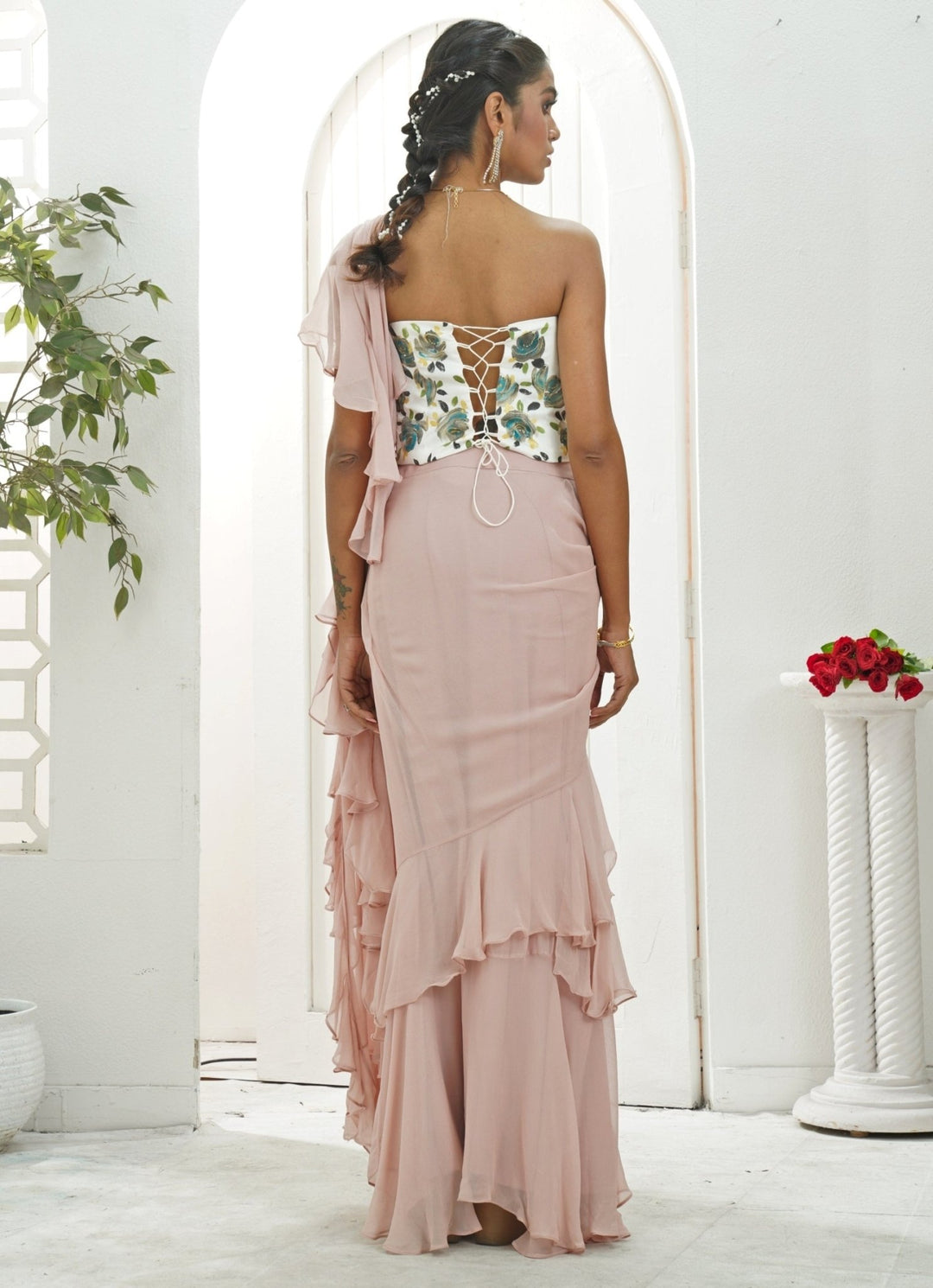 Lilac Predraped Ruffle Georgette Saree With Ivory Corset Priti Sahni - Fabilicious Fashion