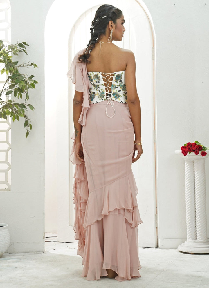 Lilac Predraped Ruffle Georgette Saree With Ivory Corset Priti Sahni - Fabilicious Fashion