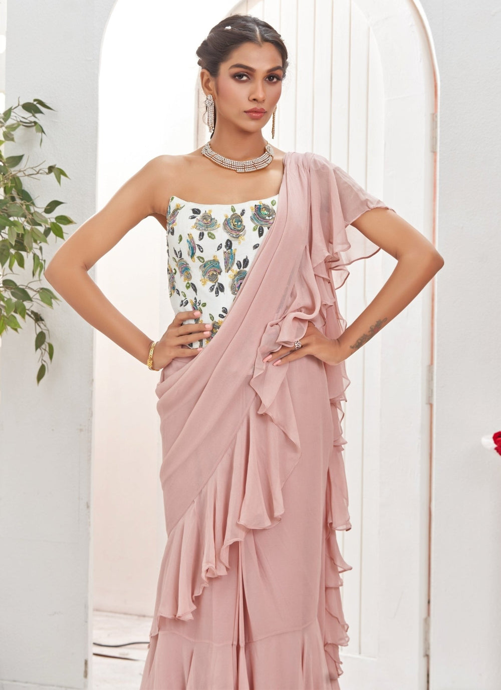 Lilac Predraped Ruffle Georgette Saree With Ivory Corset Priti Sahni - Fabilicious Fashion