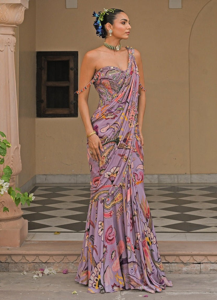Lilac Printed Chinon Pre - Draped Saree With Corset Juhi Bengani - Fabilicious Fashion