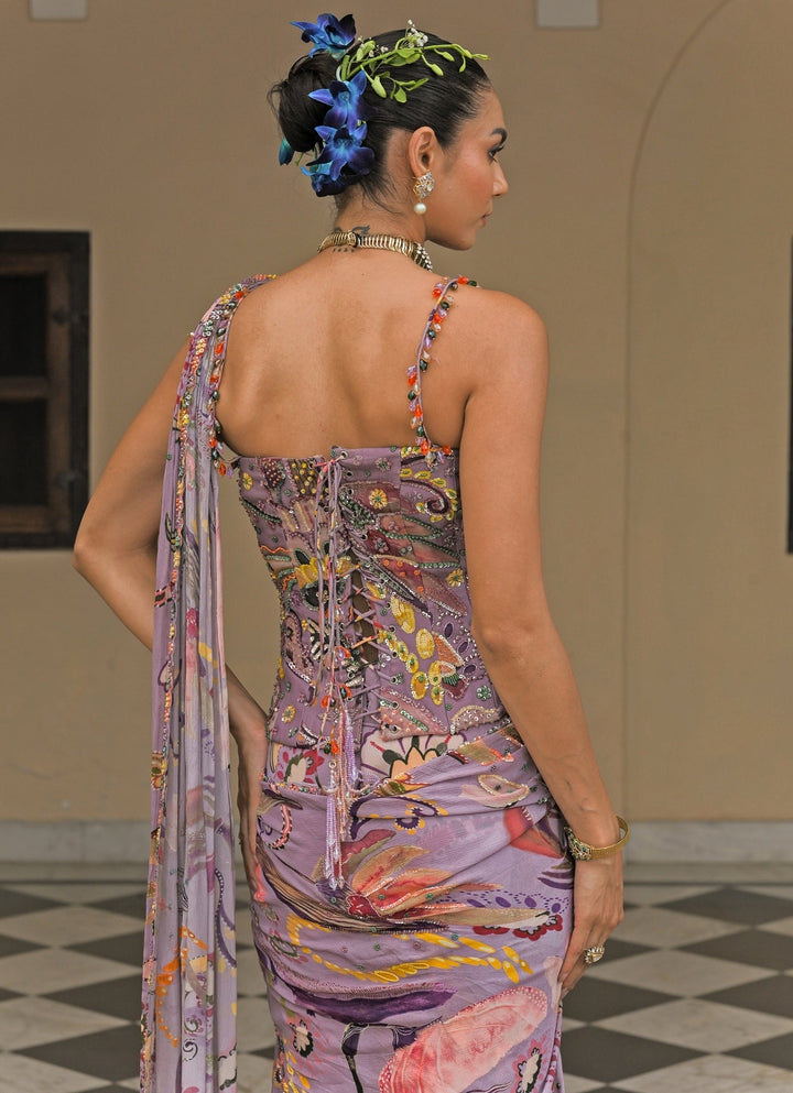 Lilac Printed Chinon Pre - Draped Saree With Corset Juhi Bengani - Fabilicious Fashion