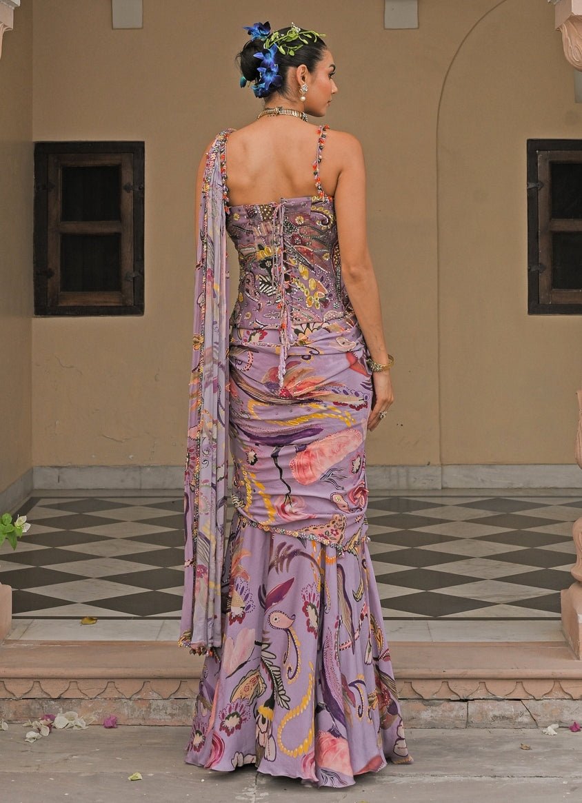 Lilac Printed Chinon Pre - Draped Saree With Corset Juhi Bengani - Fabilicious Fashion
