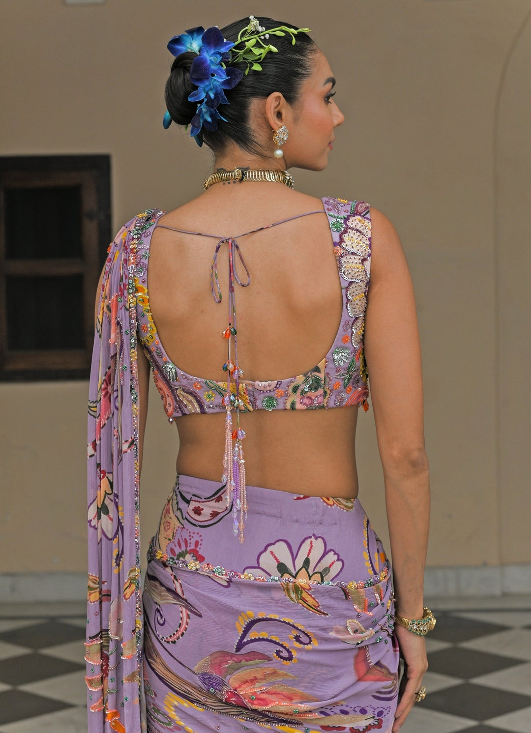 Lilac Printed Chinon Pre - Draped Saree Juhi Bengani - Fabilicious Fashion