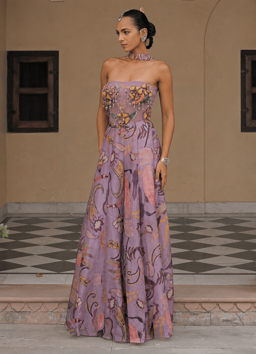 Juhi Bengani Lilac Printed Organza Corset Jumpsuit With Tassel DupattaFabilicious Fashion