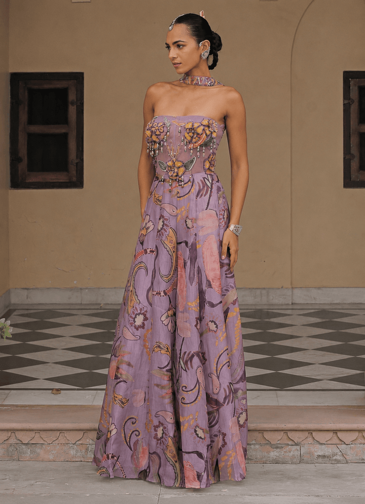 Juhi Bengani Lilac Printed Organza Corset Jumpsuit With Tassel DupattaFabilicious Fashion