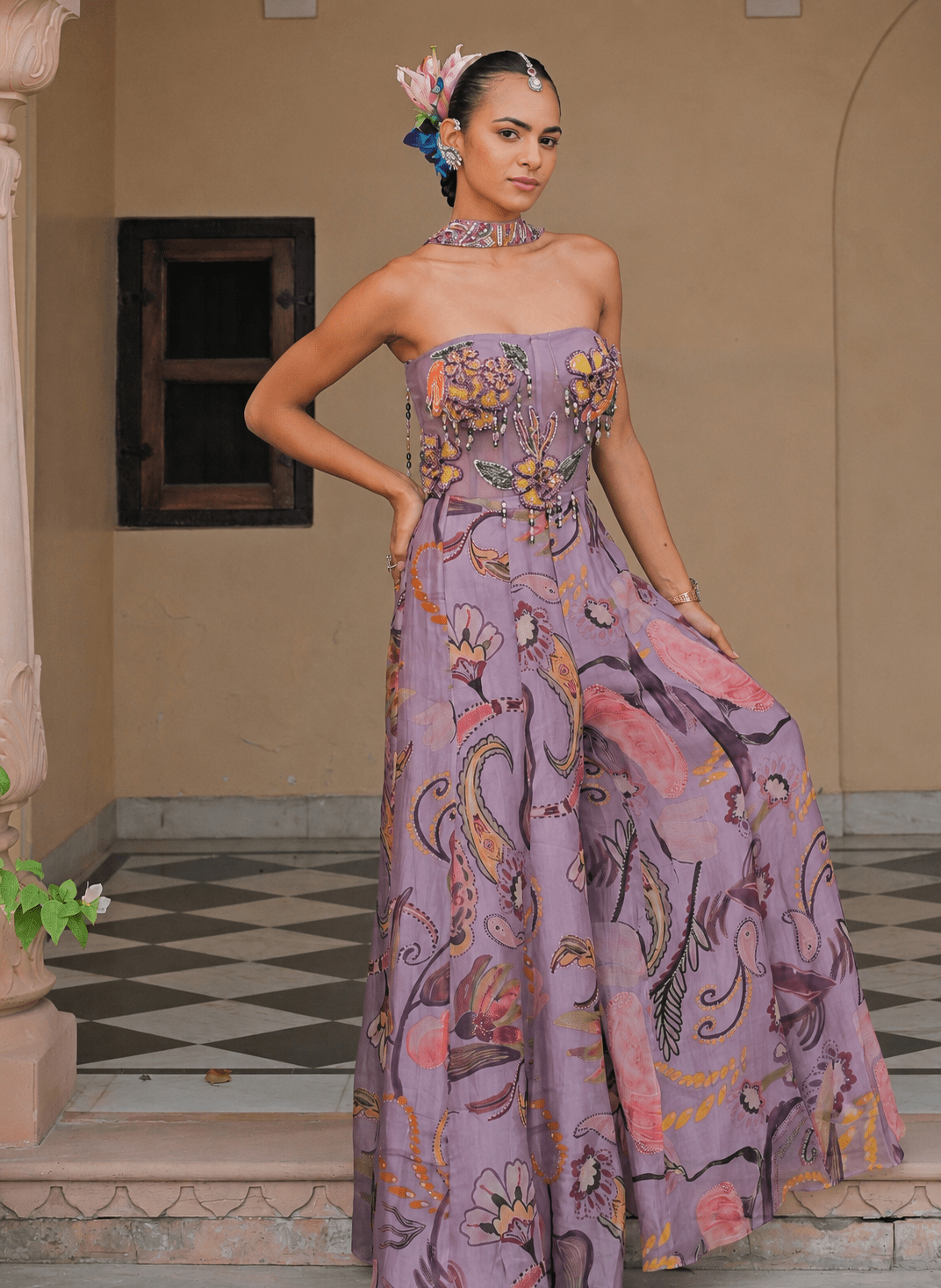 Juhi Bengani Lilac Printed Organza Corset Jumpsuit With Tassel DupattaFabilicious Fashion