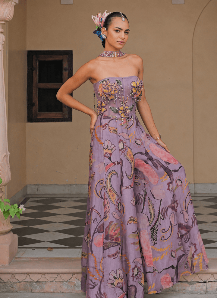 Juhi Bengani Lilac Printed Organza Corset Jumpsuit With Tassel DupattaFabilicious Fashion