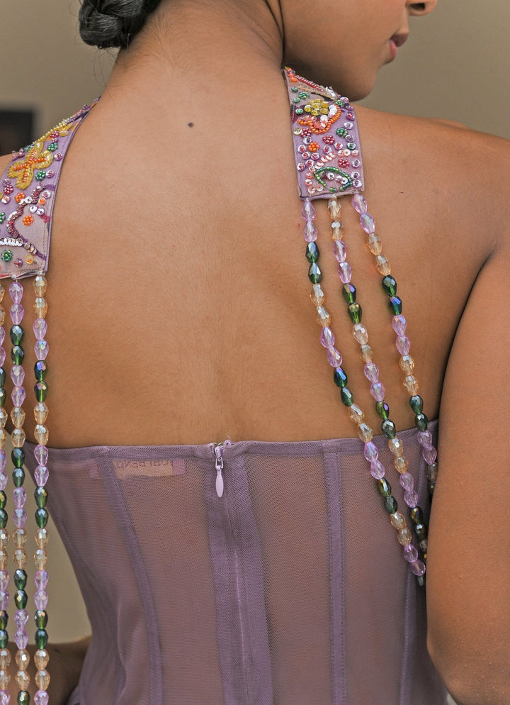 Lilac Printed Organza Corset Jumpsuit With Tassel Dupatta Juhi Bengani - Fabilicious Fashion