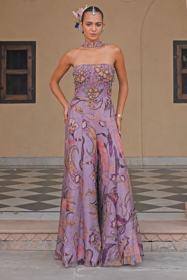 Lilac printed organza corset jumpsuit with tassel dupatta by Juhi Bengani