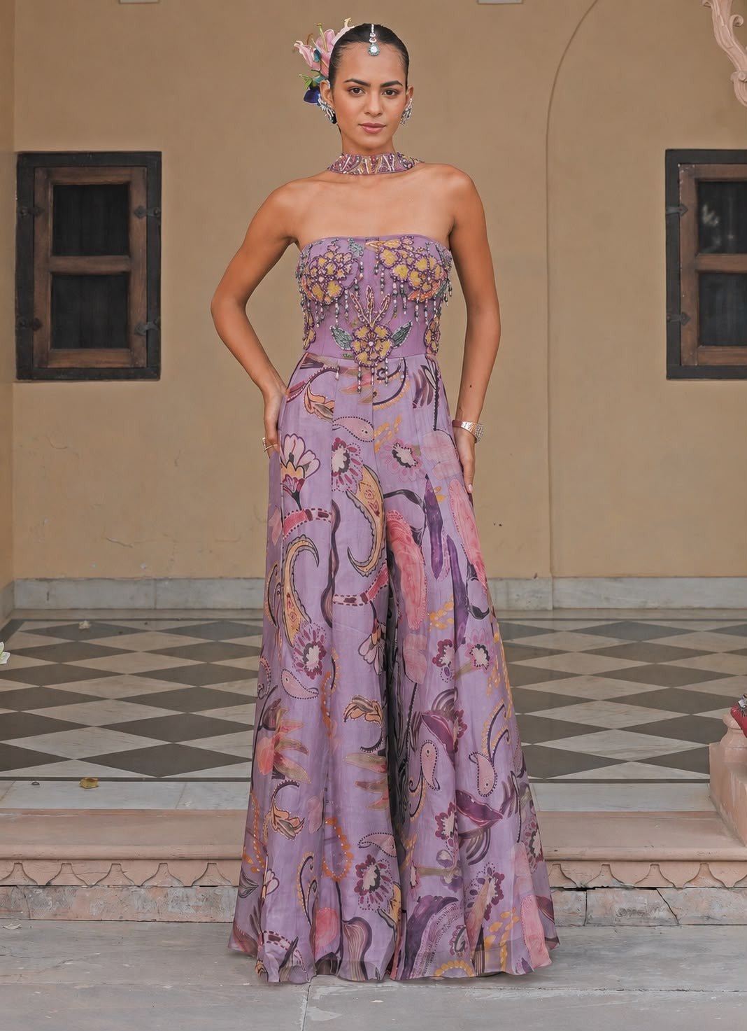 Juhi Bengani Lilac Printed Organza Corset Jumpsuit With Tassel DupattaFabilicious Fashion