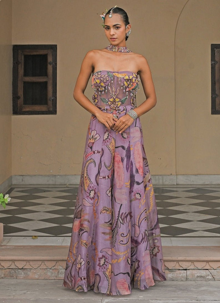 Lilac Printed Organza Corset Jumpsuit With Tassel Dupatta Juhi Bengani - Fabilicious Fashion