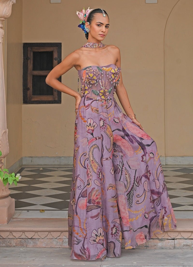 Lilac Printed Organza Corset Jumpsuit With Tassel Dupatta Juhi Bengani - Fabilicious Fashion