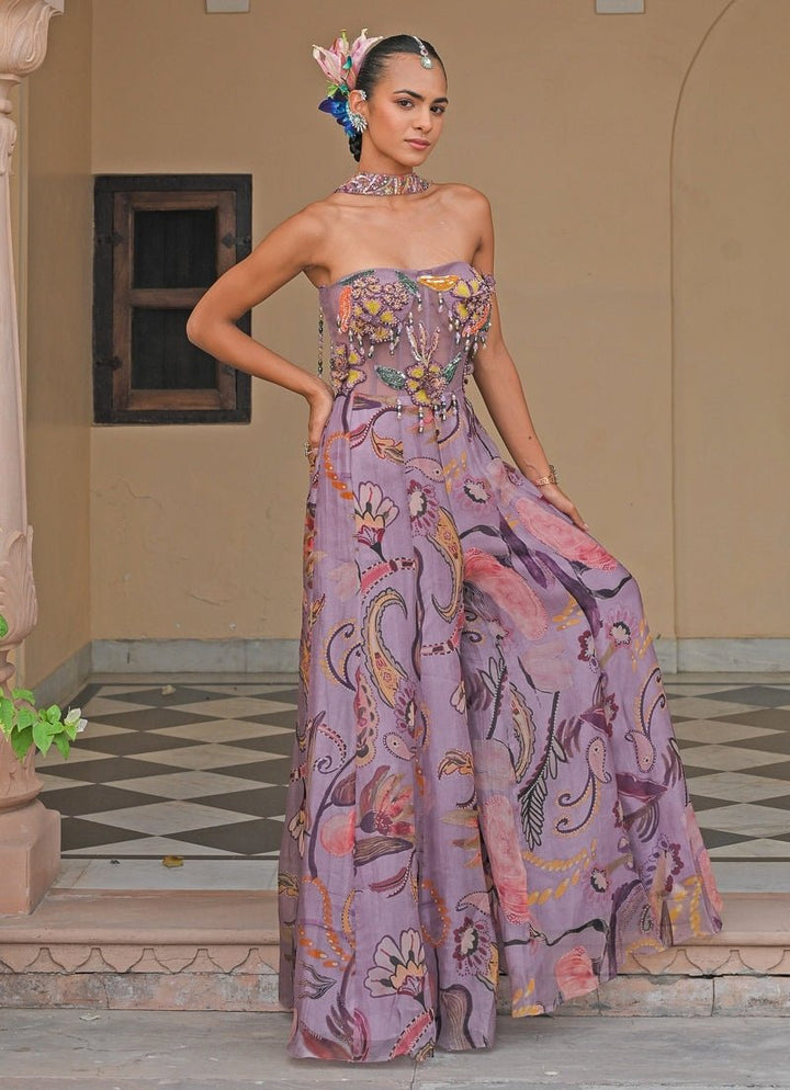 Lilac Printed Organza Corset Jumpsuit With Tassel Dupatta Juhi Bengani - Fabilicious Fashion