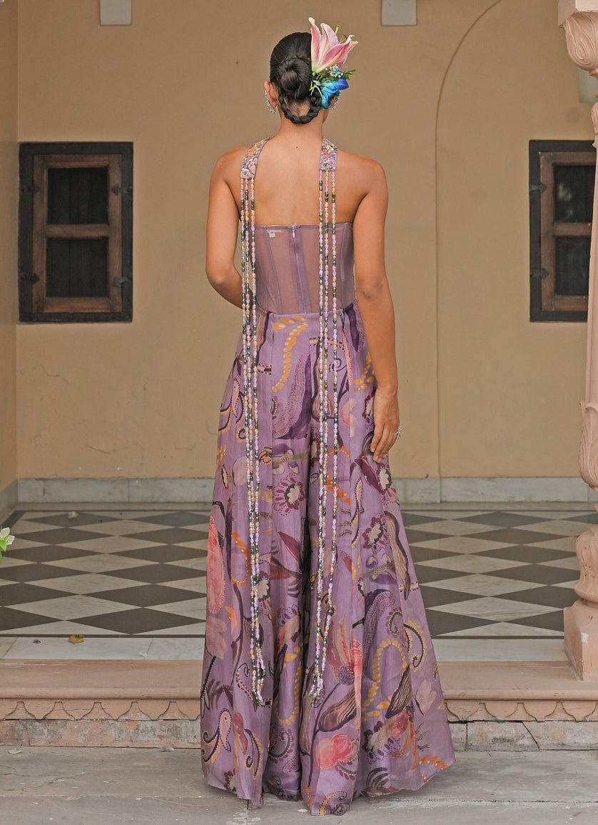 Lilac Printed Organza Corset Jumpsuit With Tassel Dupatta Juhi Bengani - Fabilicious Fashion