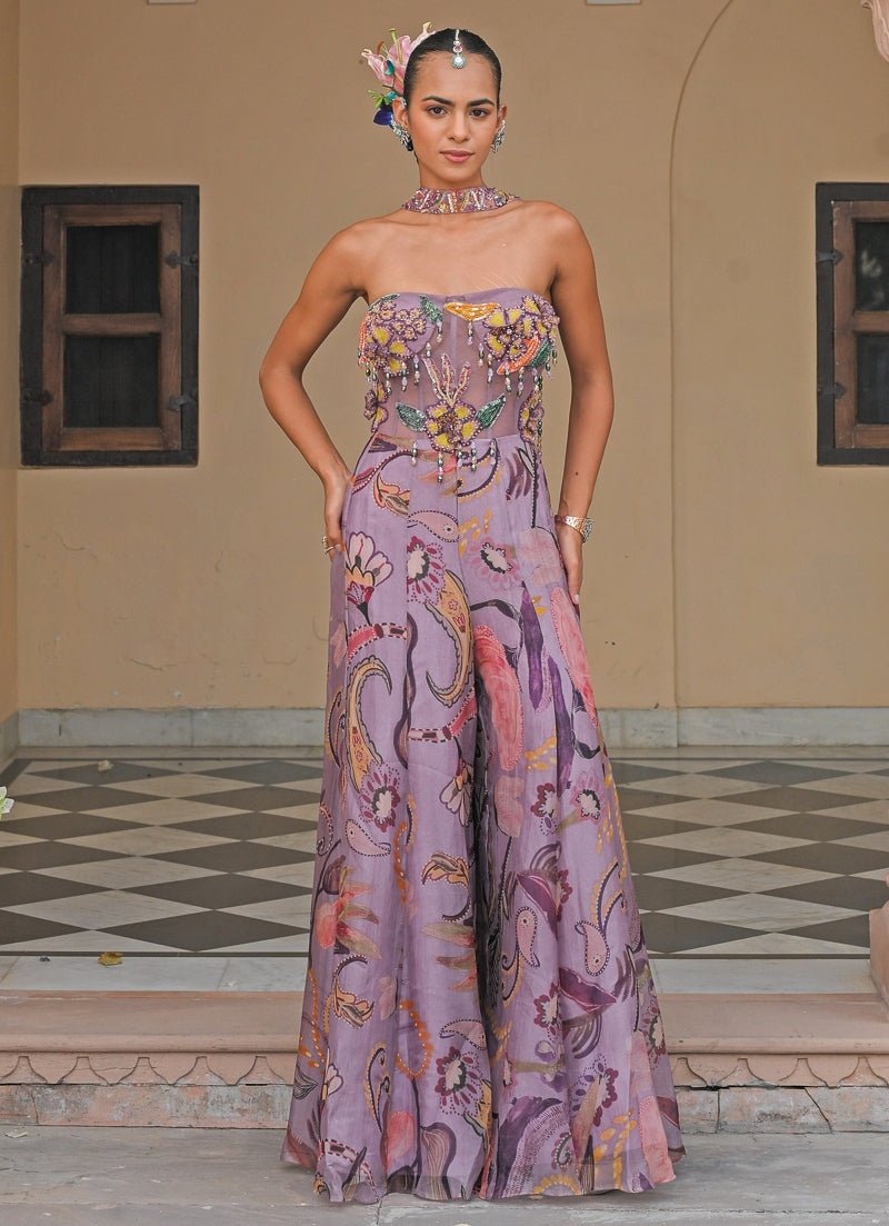 Lilac Printed Organza Corset Jumpsuit With Tassel Dupatta Juhi Bengani - Fabilicious Fashion