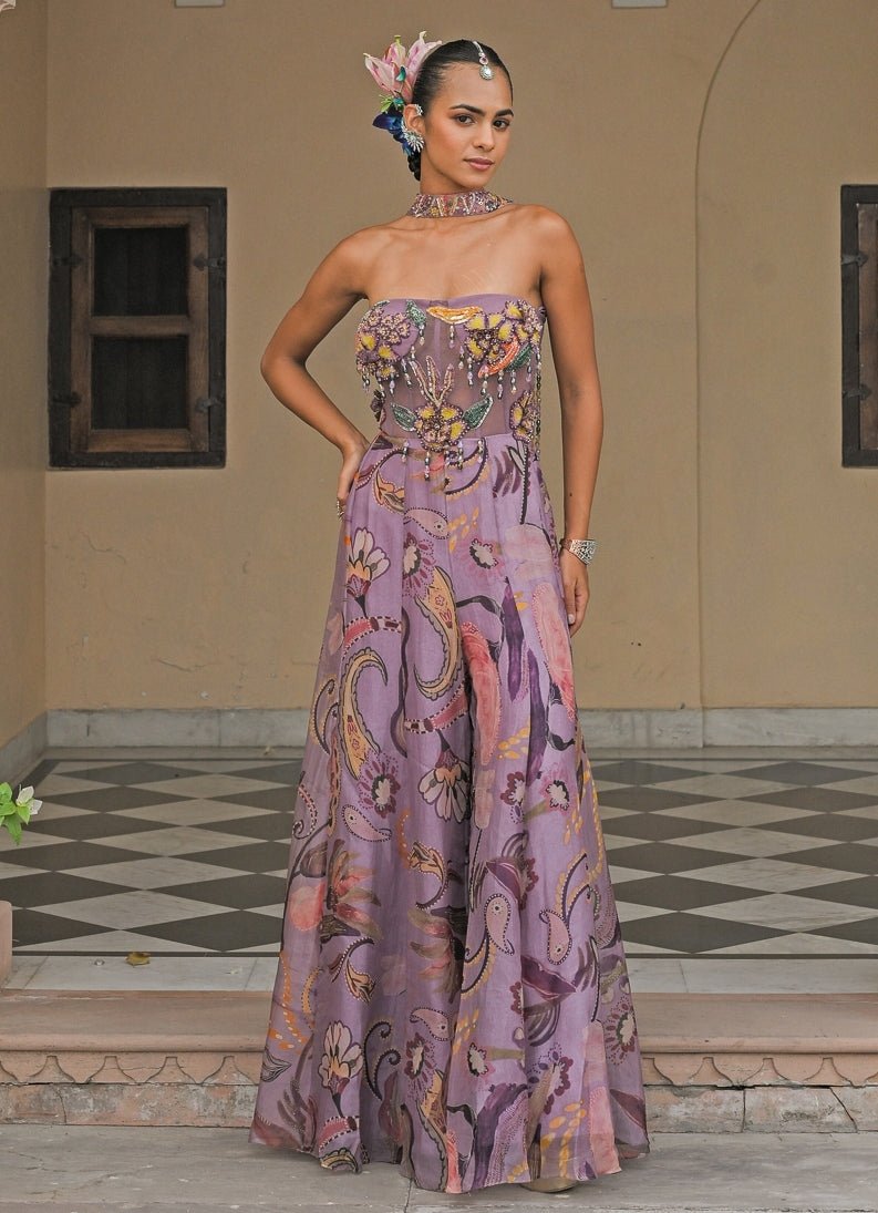 Lilac Printed Organza Corset Jumpsuit With Tassel Dupatta Juhi Bengani - Fabilicious Fashion