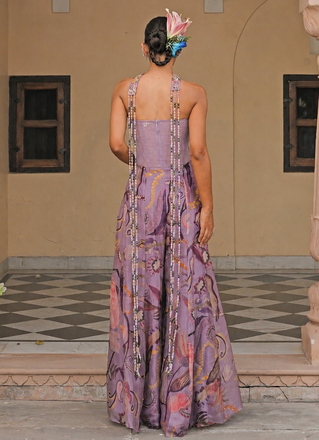 Juhi Bengani Lilac Printed Organza Corset Jumpsuit With Tassel DupattaFabilicious Fashion