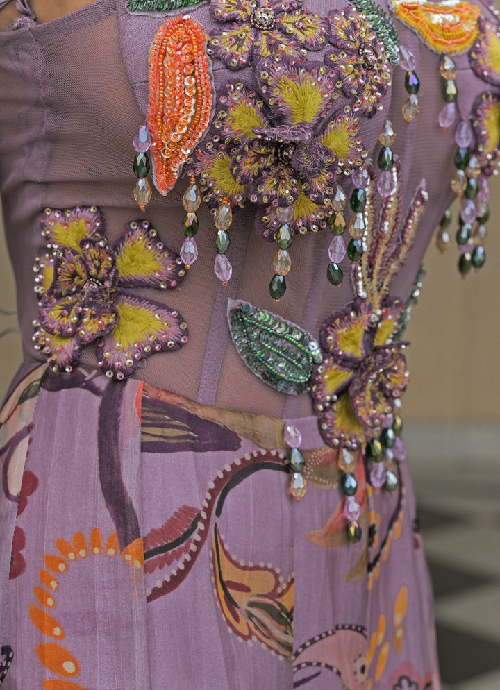 Lilac Printed Organza Corset Jumpsuit With Tassel Dupatta Juhi Bengani - Fabilicious Fashion