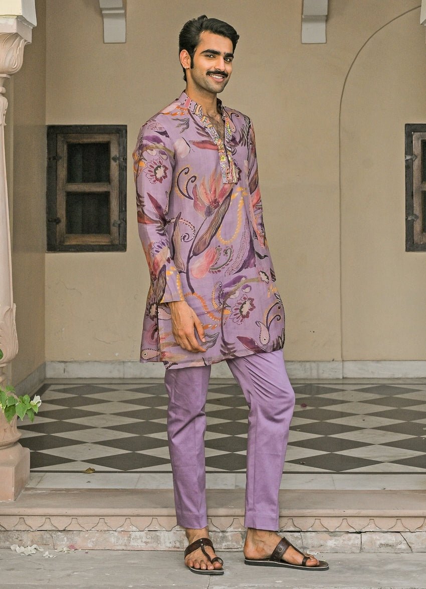 Lilac Printed Organza Kurta Pants Set Juhi Bengani - Men - Fabilicious Fashion