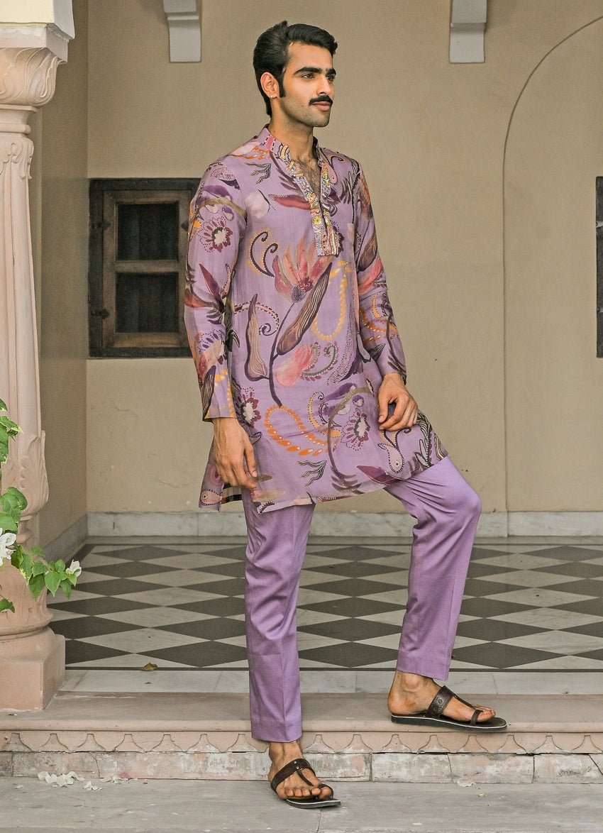 Lilac Printed Organza Kurta Pants Set Juhi Bengani - Men - Fabilicious Fashion
