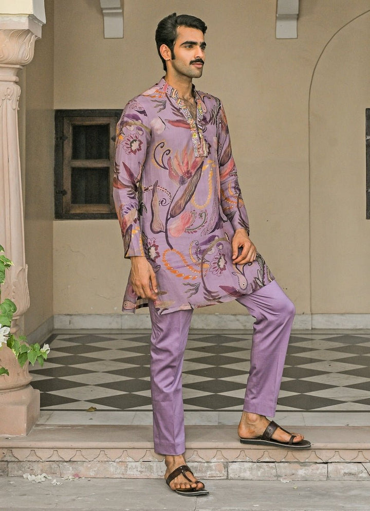 Lilac Printed Organza Kurta Pants Set Juhi Bengani - Men - Fabilicious Fashion