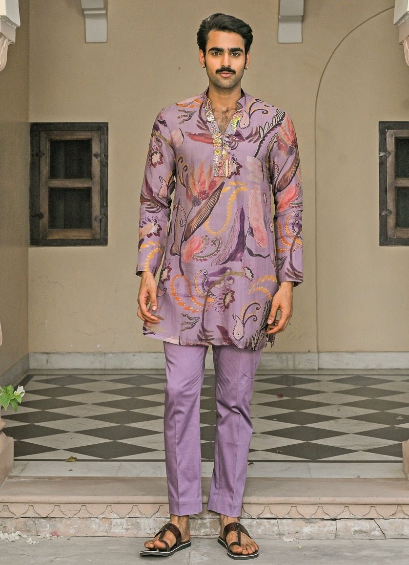 Lilac Printed Organza Kurta Juhi Bengani - Men - Fabilicious Fashion