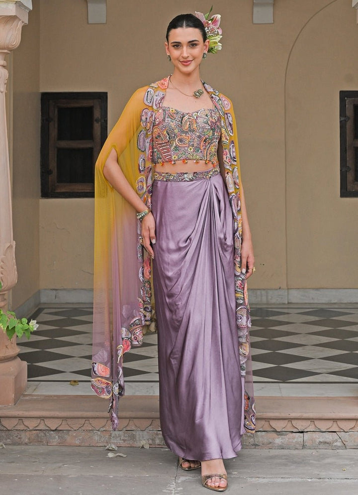 Lilac Satin Cowl Skirt Set With Corset and Yellow Cape Juhi Bengani - Fabilicious Fashion
