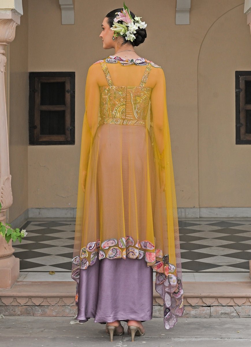 Lilac Satin Cowl Skirt Set With Corset and Yellow Cape Juhi Bengani - Fabilicious Fashion