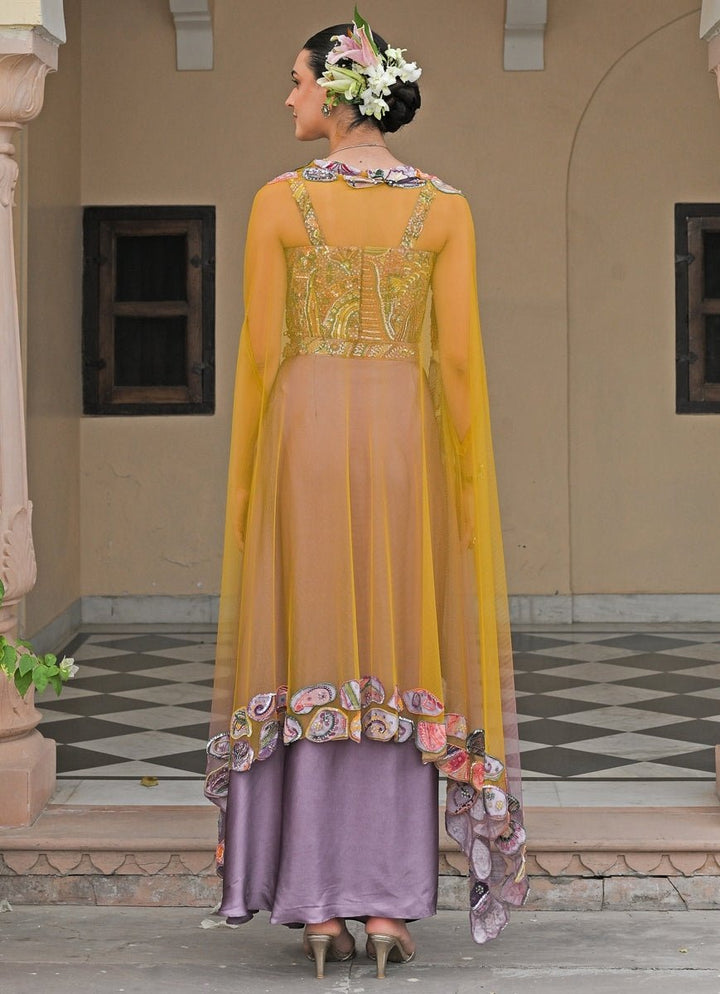 Lilac Satin Cowl Skirt Set With Corset and Yellow Cape Juhi Bengani - Fabilicious Fashion