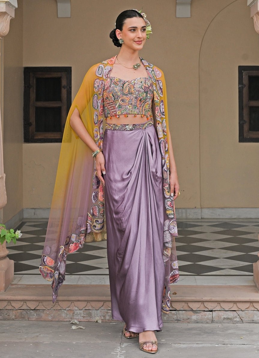 Lilac Satin Cowl Skirt Set With Corset and Yellow Cape Juhi Bengani - Fabilicious Fashion
