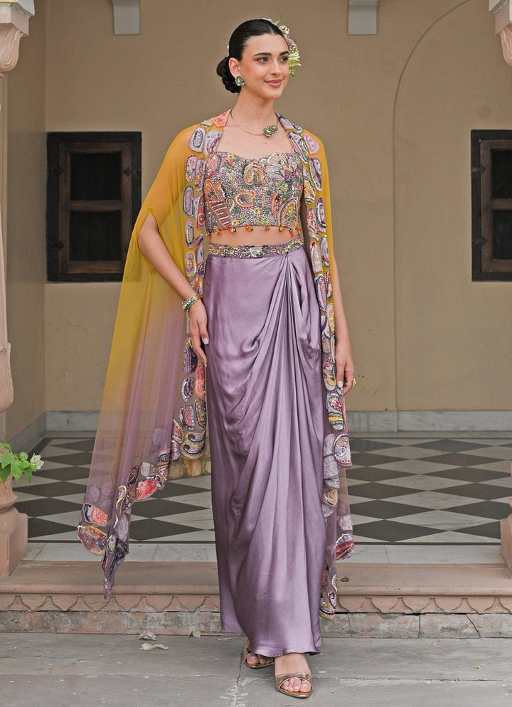 Lilac Satin Cowl Skirt Set With Corset and Yellow Cape Juhi Bengani - Fabilicious Fashion