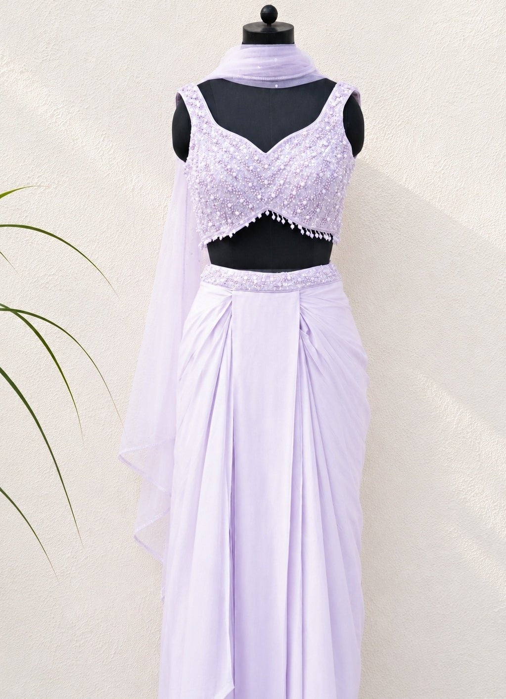 Lilac Satin Georgette Drape Skirt Set Anisha Shetty - Fabilicious Fashion